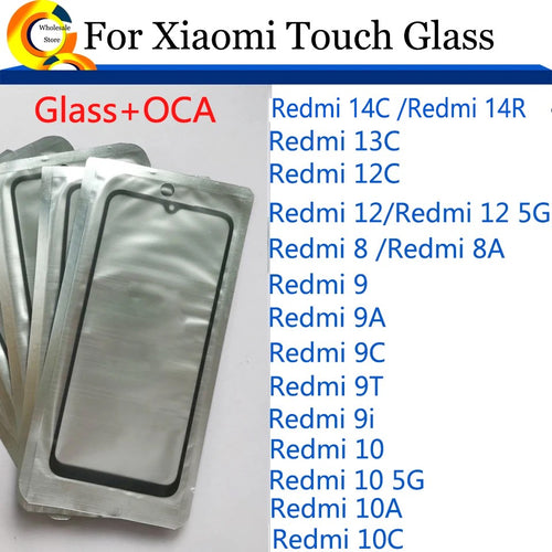 10 unids/lote para Xiaomi Redmi 14C 14R 13C 12C 10 10C 9 9A 9C 9i 8A 8 12 5G Panel de pantalla táctil lente de cristal exterior frontal con OCA