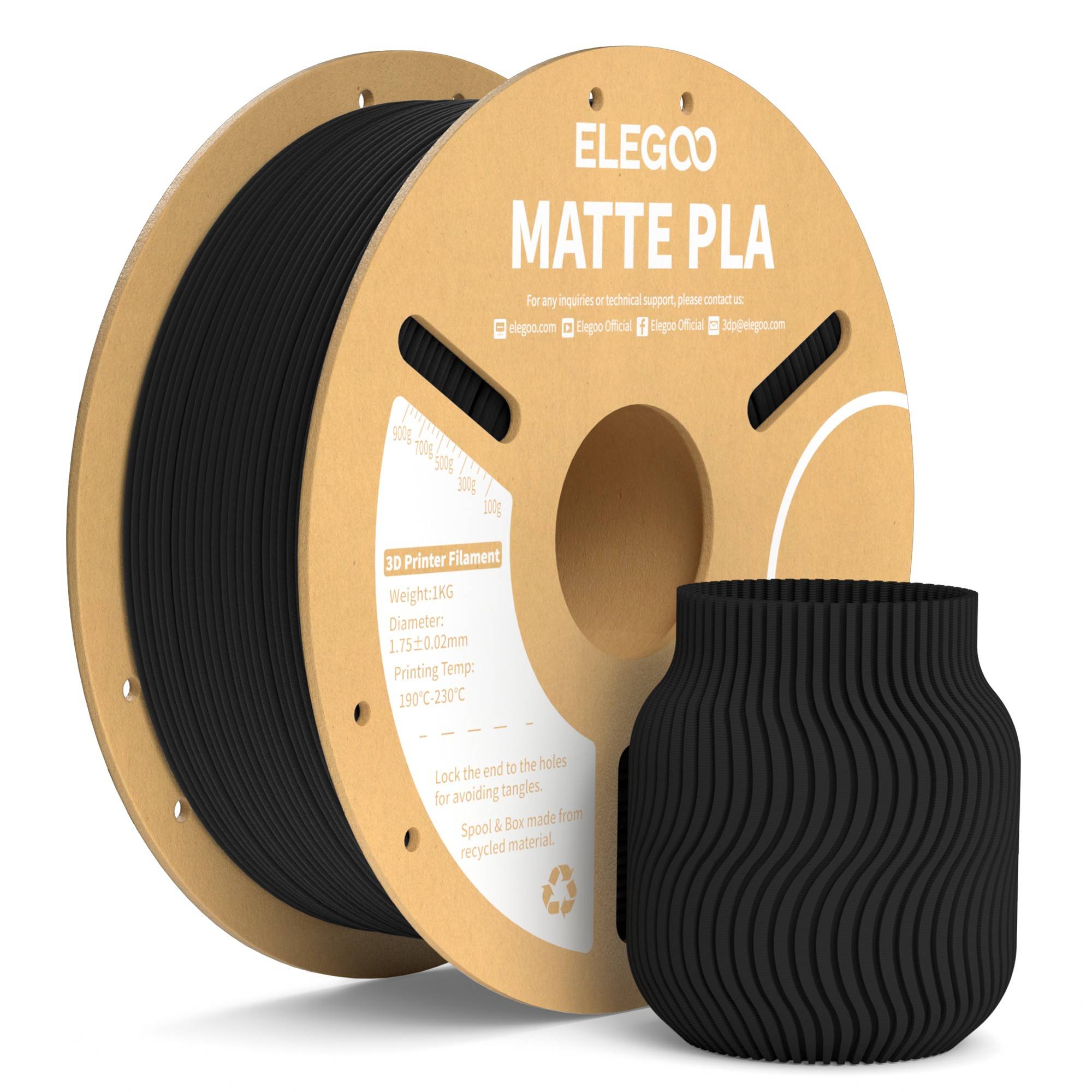Filamento PLA Mate ELEGOO 1KG, 1.75mm para Impresora 3D FDM, Precisión Dimensional +/- 0.02mm, Bobina de Cartón de 1kg (2.2lbs)