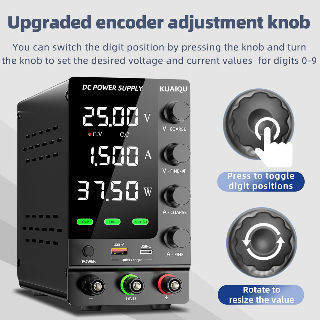 Fuente de Alimentación CC KUAIQU 30V 10A 5A, Fuente de Alimentación de Banco Variable Ajustable para Laboratorio, Regulador de Voltaje 60V 5A 120V 3A