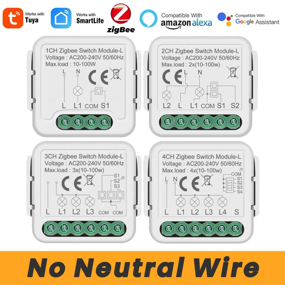Módulo de Interruptor Inteligente Tuya Zigbee, Relé sin Cable Neutro, Control de 2 Vías, 1, 2, 3, 4 Canales, Compatible con Alexa y Google Home