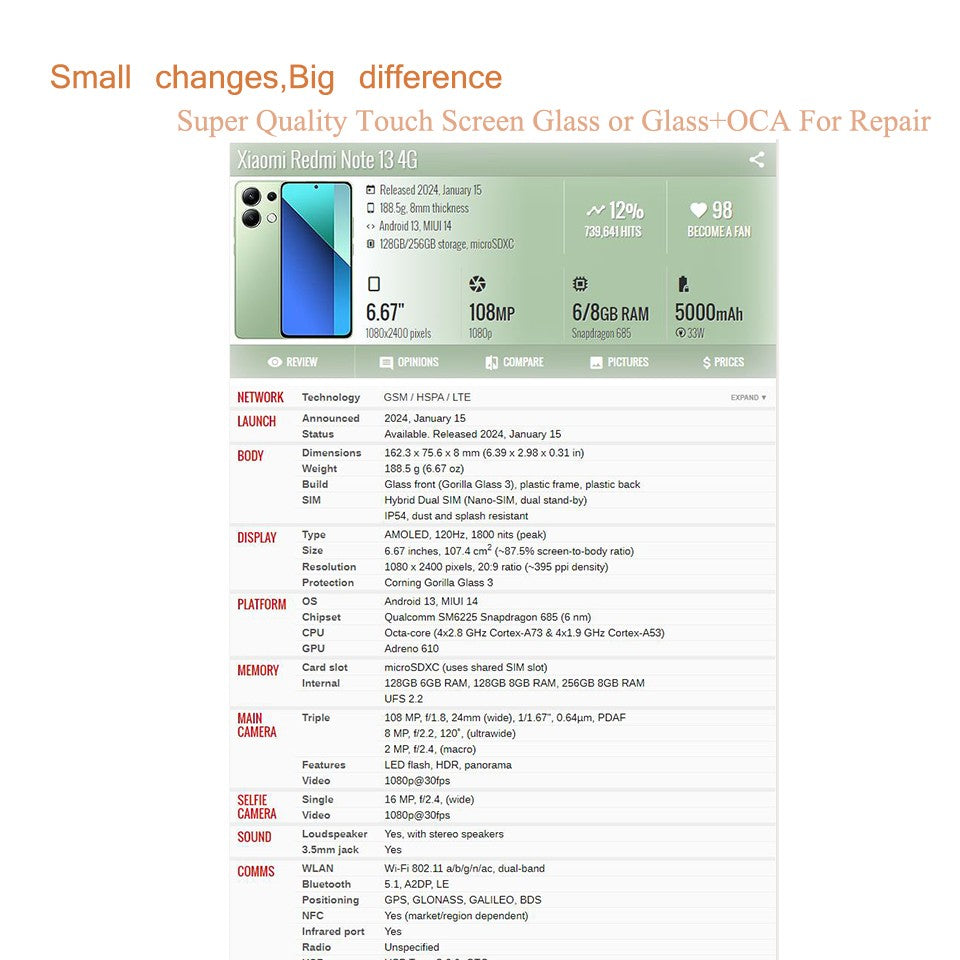 Lote de 10 Piezas para Xiaomi Redmi Note 13 Pro 4G 13 13R 13C 5G 14C 14R, Panel de Pantalla Táctil, Cristal Exterior Frontal con OCA
