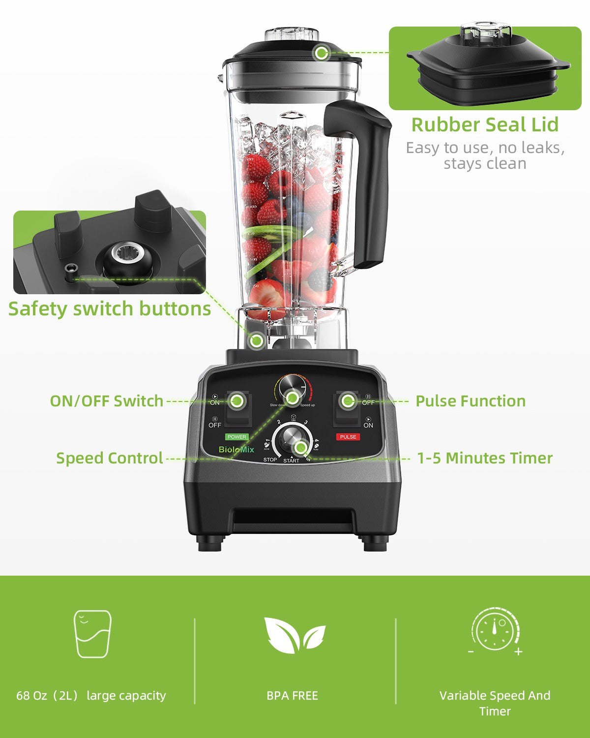 BioloMix-batidora con temporizador de alta resistencia, 3HP, 2200W, exprimidor, procesador de alimentos y frutas, batidos de hielo, sin BPA, tarro de 2L