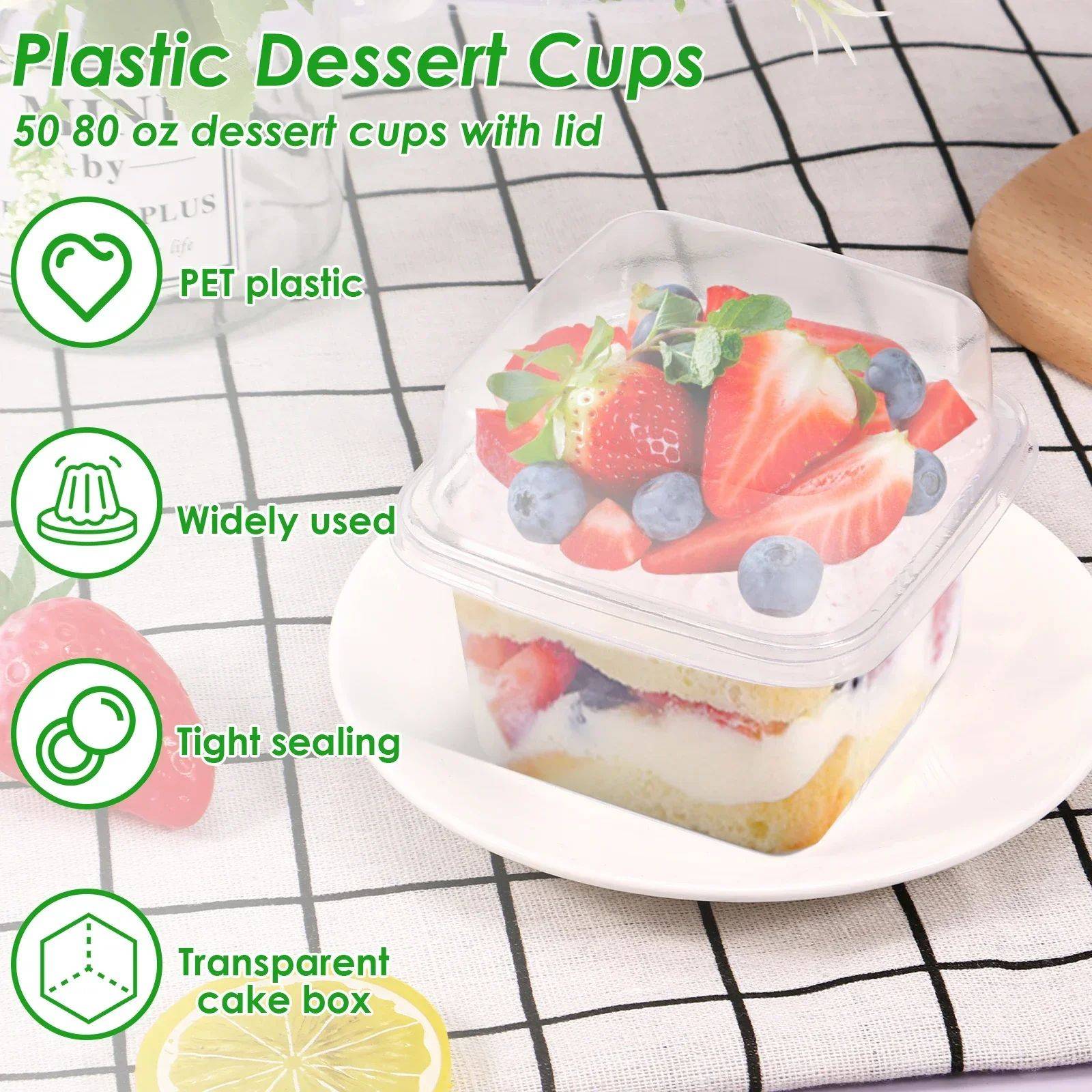 100 Uds. Tazas de postre multiusos con tapas contenedor de magdalenas reutilizable de 8oz caja de postre individual cuadrada transparente caja de almacenamiento de pasteles sellada
