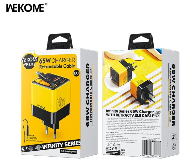 WEKOME-cargador rápido con cabezal de carga USB-C de 65W con Cable tipo C incorporado de 80cm, adecuado para iPhone16 15 Promax PD 27W Xiaomi Samsung