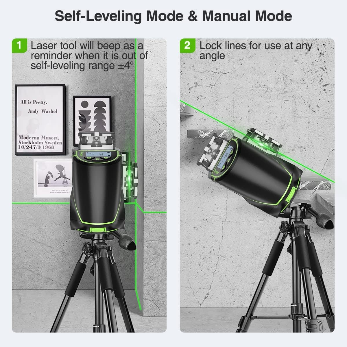 Huepar S03CG Set nivel láser de línea cruzada 3D Bluetooth y control remoto 12 líneas láser de haz verde Osram con receptor trípode telémetro