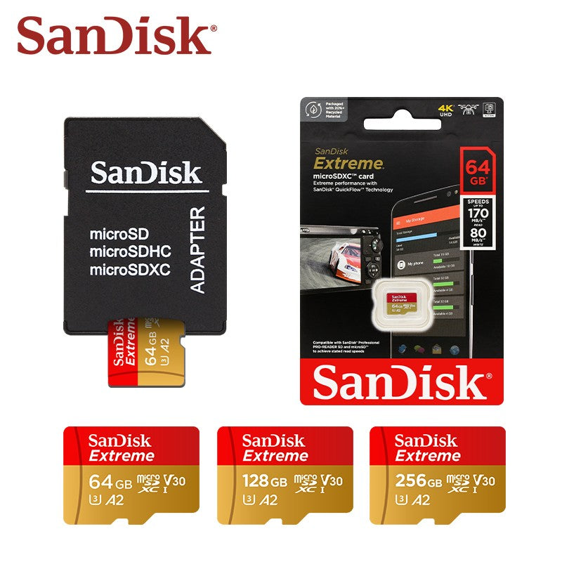 Tarjeta Micro SD Sandisk Original Extreme A2 V30 U3 SDXC Flash 32GB 64GB 128GB 256GB tarjeta MicroSD 190MB/s tarjeta TF para teléfono tableta