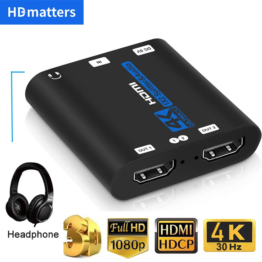 Divisor HDMI con extractor de audio HDR 4K 30Hz HDMI 1.4 1X2 Distribuidor divisor con audio auxiliar de 3,5 mm para PS5 Xbox Apple TV