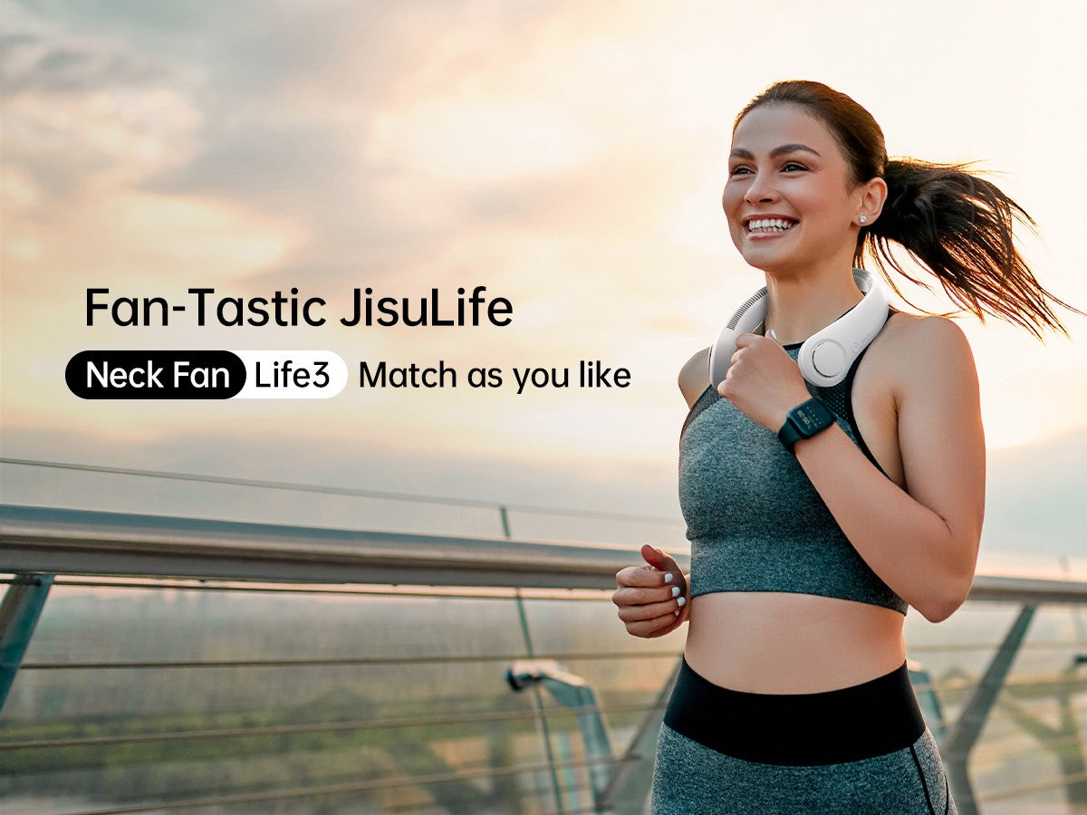 Ventilador de Cuello Portátil JISULIFE, Batería Recargable de 4000mAh, 5 Velocidades Ajustables, Ventilador de Cuello sin Aspas Manos Libres Giratorio para Deporte