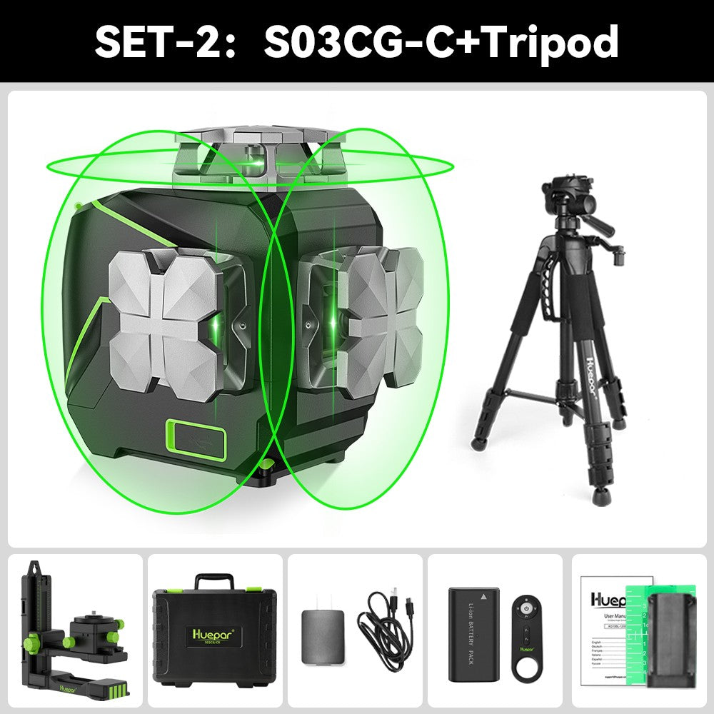 Huepar S03CG Set nivel láser de línea cruzada 3D Bluetooth y control remoto 12 líneas láser de haz verde Osram con receptor trípode telémetro