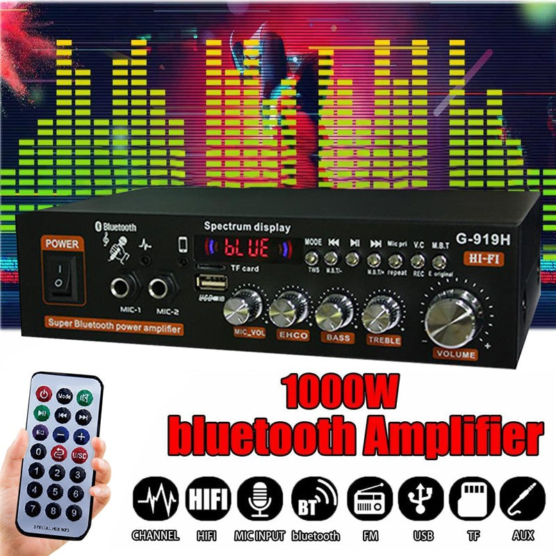 Amplificadores de potencia G919H 1000W para el hogar y el coche, 2 canales, Bluetooth, sonido envolvente, FM, USB, Control remoto, Mini amplificador estéreo Digital HIFI