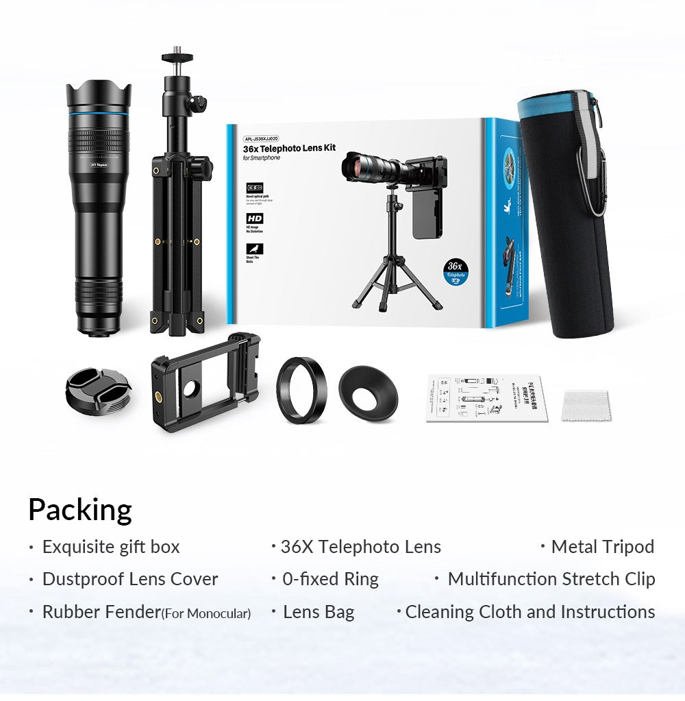 APEXEL-teleobjetivo de Metal 36X con trípode, telescopio Universal con Clip, para teléfonos inteligentes iPhone, Samsung, Camping y senderismo