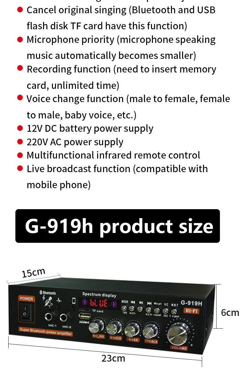 Amplificadores de potencia G919H 1000W para el hogar y el coche, 2 canales, Bluetooth, sonido envolvente, FM, USB, Control remoto, Mini amplificador estéreo Digital HIFI