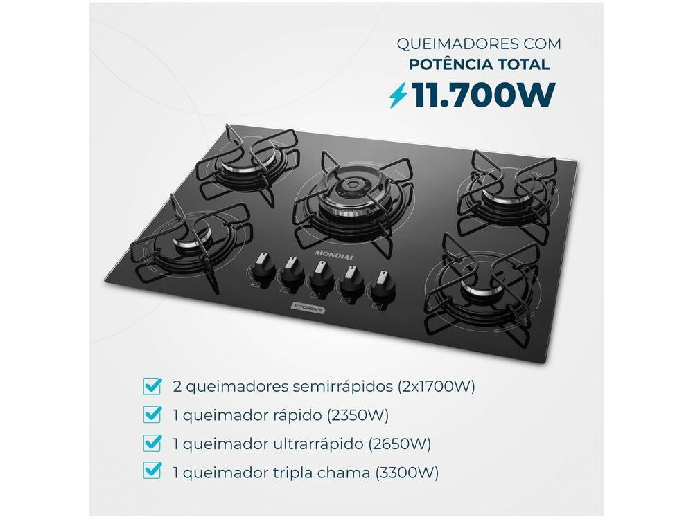 Cooktop 5 Bocas Mondial Gas LPG Black-Bivolt