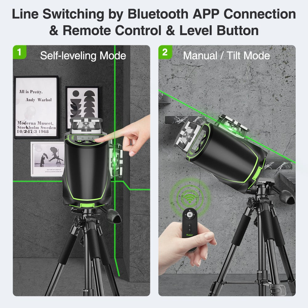 Huepar S03CG Set nivel láser de línea cruzada 3D Bluetooth y control remoto 12 líneas láser de haz verde Osram con receptor trípode telémetro