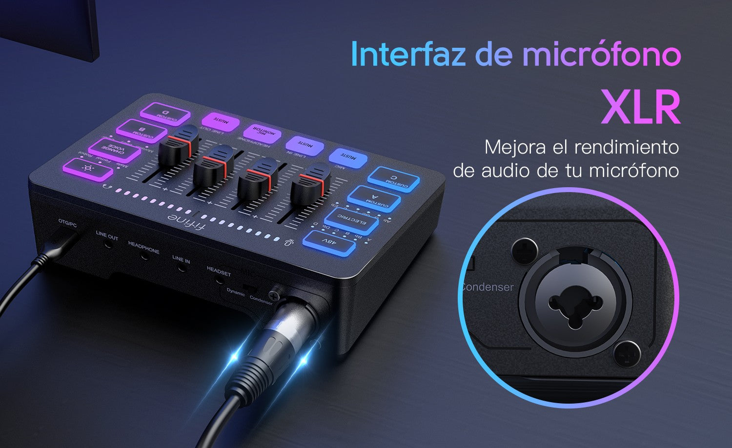 FIFINE mezclador de Audio para juegos, mezclador de transmisión de 4 canales RGB con interfaz de micrófono XLR, para voz de juego, Podcast,AmpliGame SC3