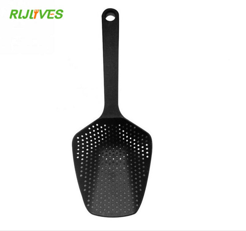 RLJLIVES 1 pieza de palas de cocina negras, colador de verduras, cuchara de nailon, colador grande, filtro de sopa, herramientas de cocina