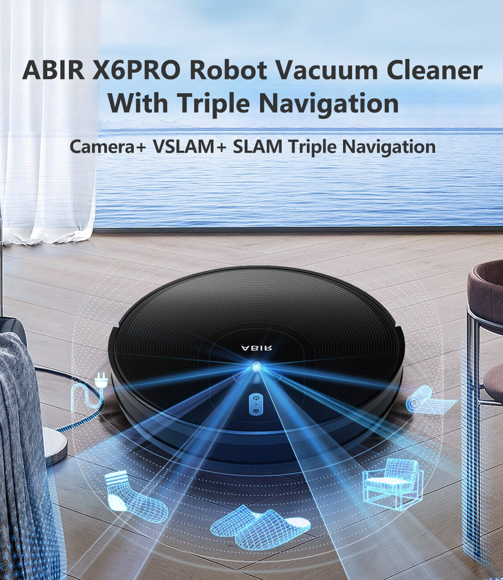 Robot aspirador ABIR X6 con sistema de ojo inteligente, succión 6000pa, software virtual wall, limpieza de áreas, desinfección por limpieza húmeda, tarjeta de memoria, compatible con Alexa, Google Home