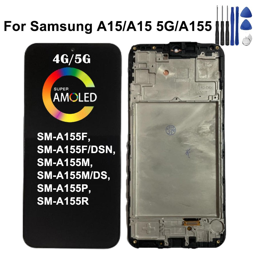 Pantalla Super AMOLED A15 A155F para Samsung A15 5G A156B, SM-A156P SM-A156U pantalla LCD Digitalizador de pantalla táctil con marco