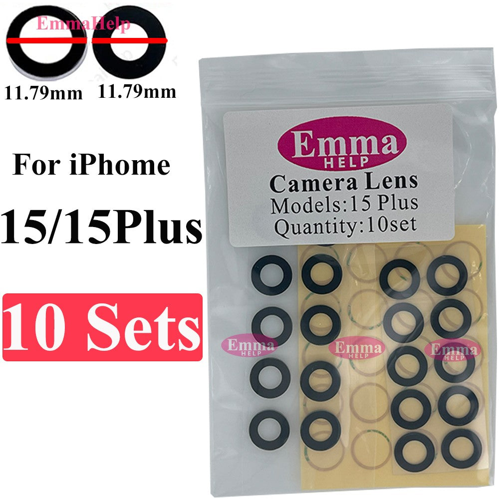 EmmaHelp Juego de 10 cristales de repuesto para cámara trasera de iPhone 15 14 13 XR X XS SE 7 8 11 12 Pro Max, cubierta de lente de cámara trasera, adhesivo de repuesto A+