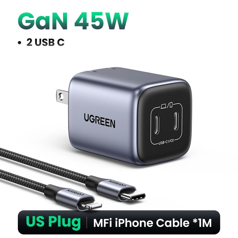 UGREEN GaN 45W cargador USB PD QC 3,0 cargador rápido para iPhone 17 16 15 Pro cargador de teléfono de viaje para Samsung S24 S23