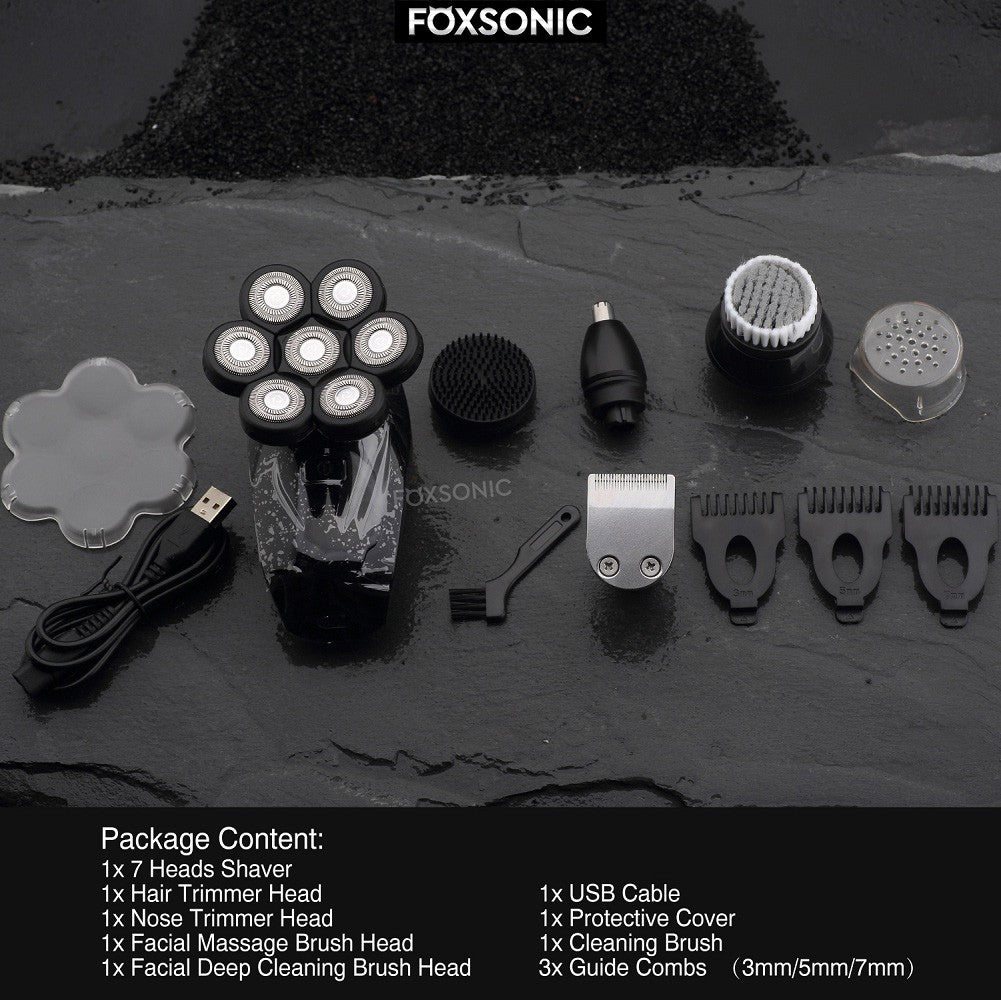 FOXSONIC-Afeitadora para hombre 7D independiente, 7 cortadores, cabezal flotante, maquinilla de afeitar eléctrica resistente al agua, recortadora de barba para hombre