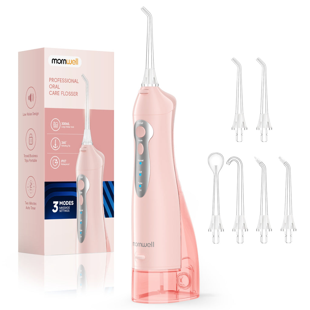 Irrigador Bucal Mornwell con 6 Boquillas y 3 Modos, Irrigador Dental Inalámbrico Portátil D52, Limpiador de Dientes con Resistencia al Agua IPX7