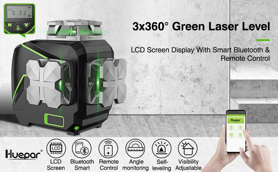 Huepar S03CG Set nivel láser de línea cruzada 3D Bluetooth y control remoto 12 líneas láser de haz verde Osram con receptor trípode telémetro