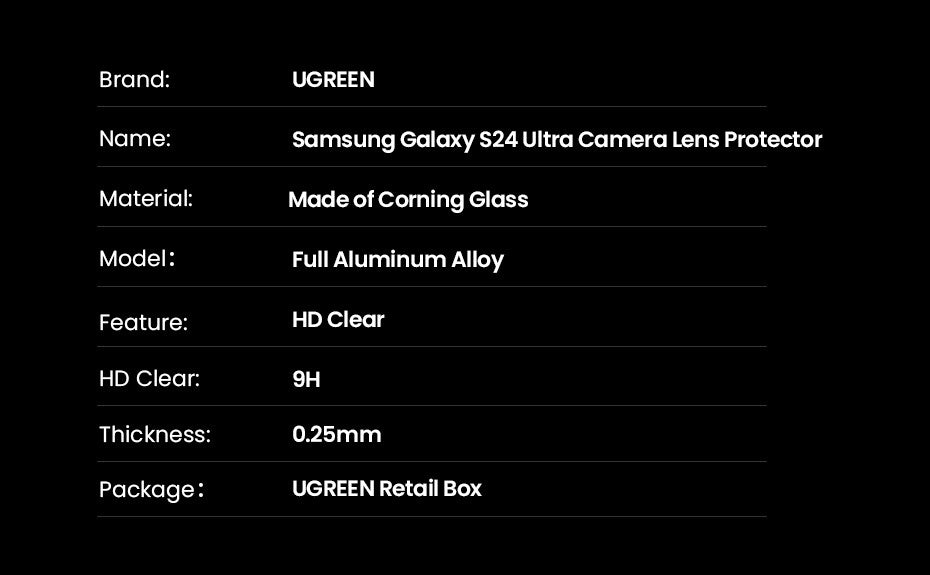 UGREEN Protector de lente de cámara para Samsung Galaxy S24 Ultra lente de cristal completo para Samsung S24 Ultra película protectora