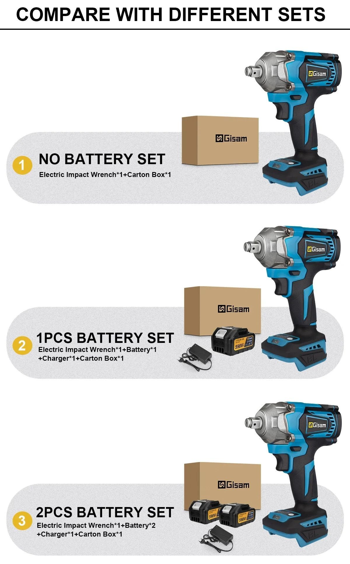 Gismis-llave de impacto eléctrica sin escobillas, 1200NM, 1/2 pulgadas, herramientas de llave eléctrica inalámbrica de alto Torque para Pin de batería Makita de 18V