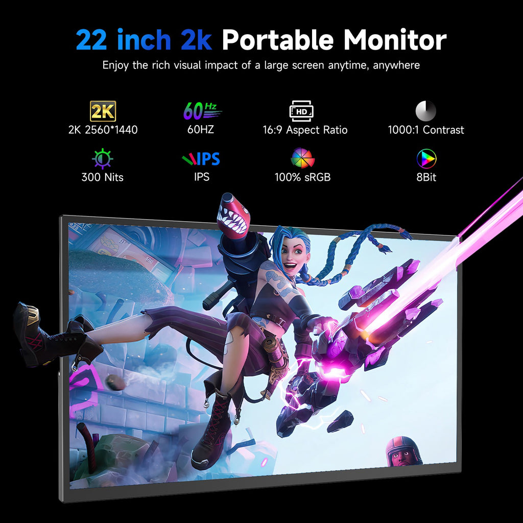Monitor portátil EVICIV 2K de 22 pulgadas con pantalla IPS de 2560 x 1440, soporte integrado, mini HDMI, USB C para PC, portátil, teléfono móvil, Xbox Switch, PS4/5, monitor móvil con soporte
