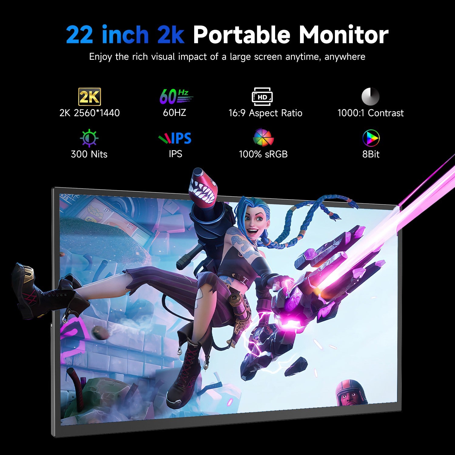 Monitor portátil EVICIV 2K de 22 pulgadas con pantalla IPS de 2560 x 1440, soporte integrado, mini HDMI, USB C para PC, portátil, teléfono móvil, Xbox Switch, PS4/5, monitor móvil con soporte