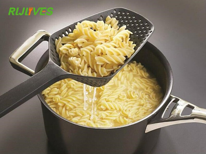 RLJLIVES 1 pieza de palas de cocina negras, colador de verduras, cuchara de nailon, colador grande, filtro de sopa, herramientas de cocina