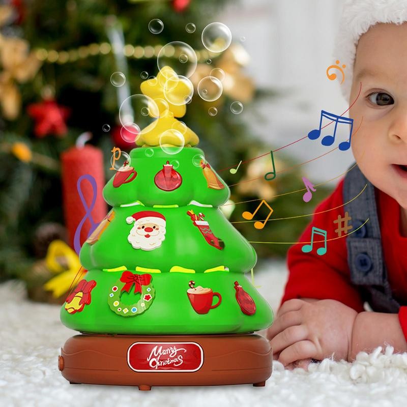 Caja de música para árbol de Navidad, máquina de burbujas de juguete con luces, música navideña, decoración para niños