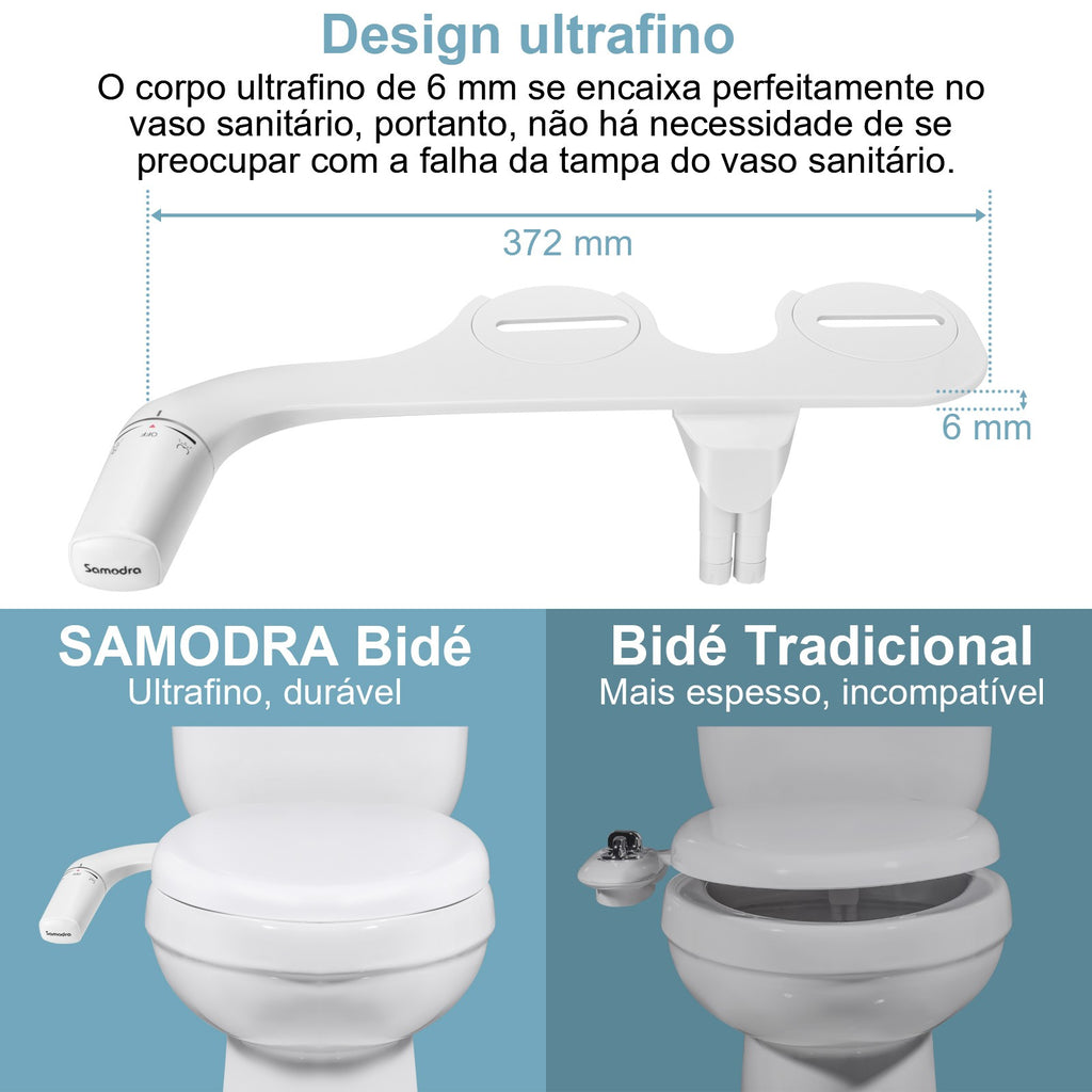 Bidet SAMODRA Ultra-Delgado, Bidet Minimalista para Inodoro con Doble Boquilla (Lavado Frontal y Trasero) Presión de Agua Ajustable, Attachment de Asiento para Inodoro con Agua Fresca, Fácil de Instalar.