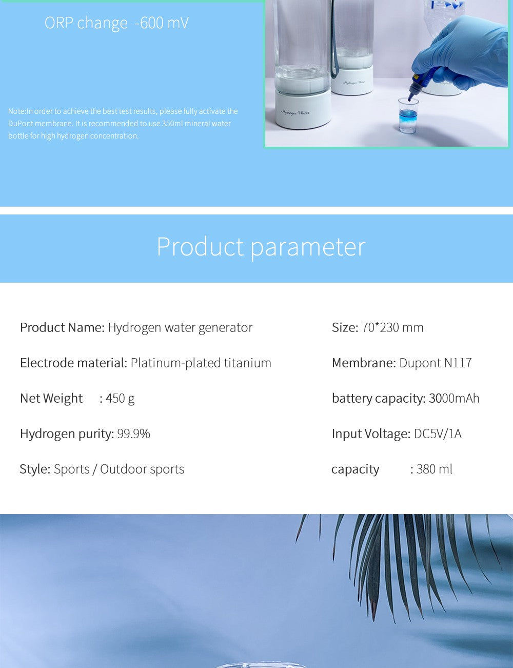 Generador de agua hidrogenada Bluevida de nuevo estilo deportivo SPE y PEM, H2 hasta 3000ppb y botella de agua hidrogenada con gran capacidad de batería