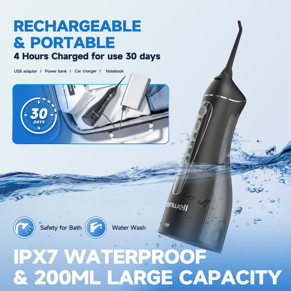 Hilo de agua portátil F18, 4 modos, recargable por USB, 4 boquillas, chorro de agua Oral, tanque de agua de 200ml, resistente al agua
