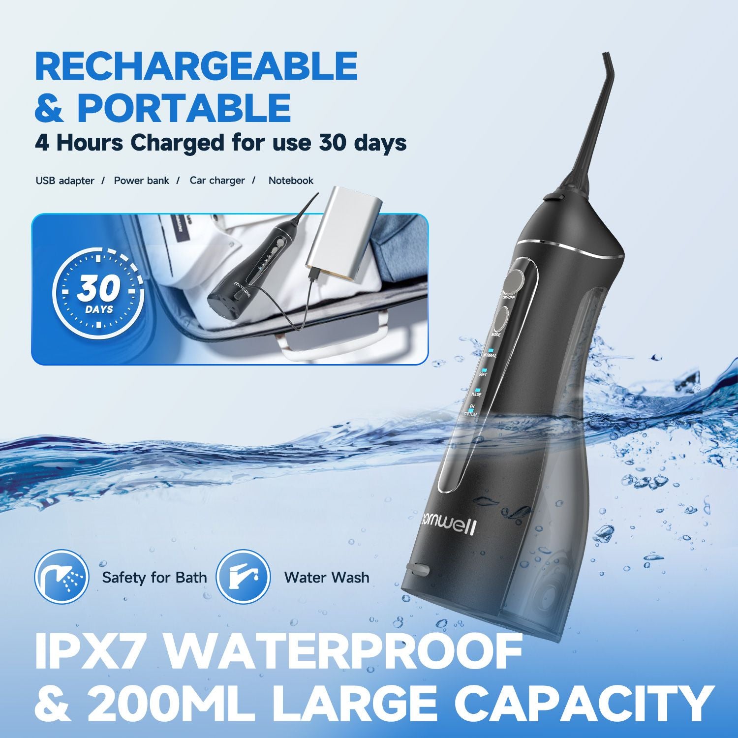 Hilo de agua portátil F18, 4 modos, recargable por USB, 4 boquillas, chorro de agua Oral, tanque de agua de 200ml, resistente al agua