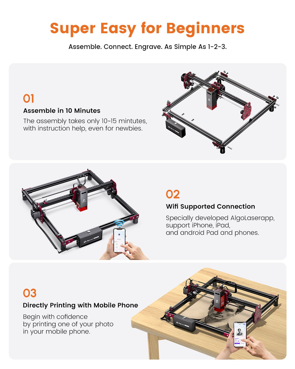 Máquina de grabado en madera Algolaser Mini 5W para principiantes, control Wifi sin conexión, 12000 mm/min, DIY, para vidrio, madera, revestimiento de metal