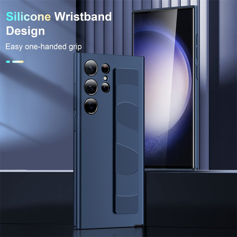 Funda de silicona elástica de lujo con correa para la muñeca para Samsung Galaxy S25Edge S24 S23 Ultra Plus, cubierta fina transparente mate para PC dura a prueba de golpes
