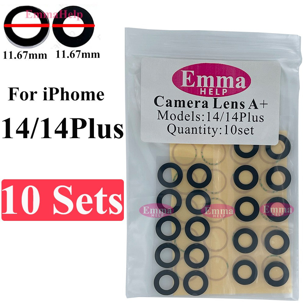 EmmaHelp Juego de 10 cristales de repuesto para cámara trasera de iPhone 15 14 13 XR X XS SE 7 8 11 12 Pro Max, cubierta de lente de cámara trasera, adhesivo de repuesto A+