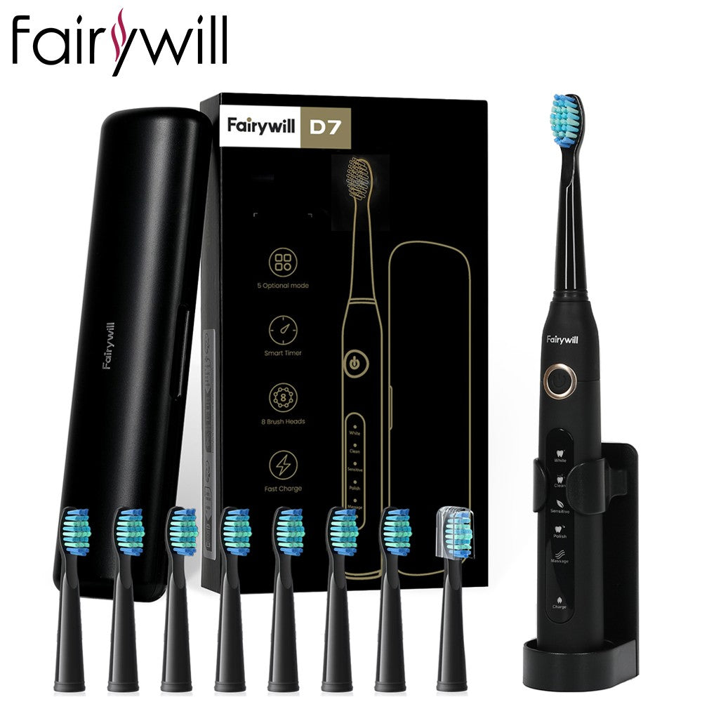 Fairywill-cepillo de dientes eléctrico FW-507, dispositivo con 5 modos, Cargador USB, temporizador de repuesto, 8 cabezales