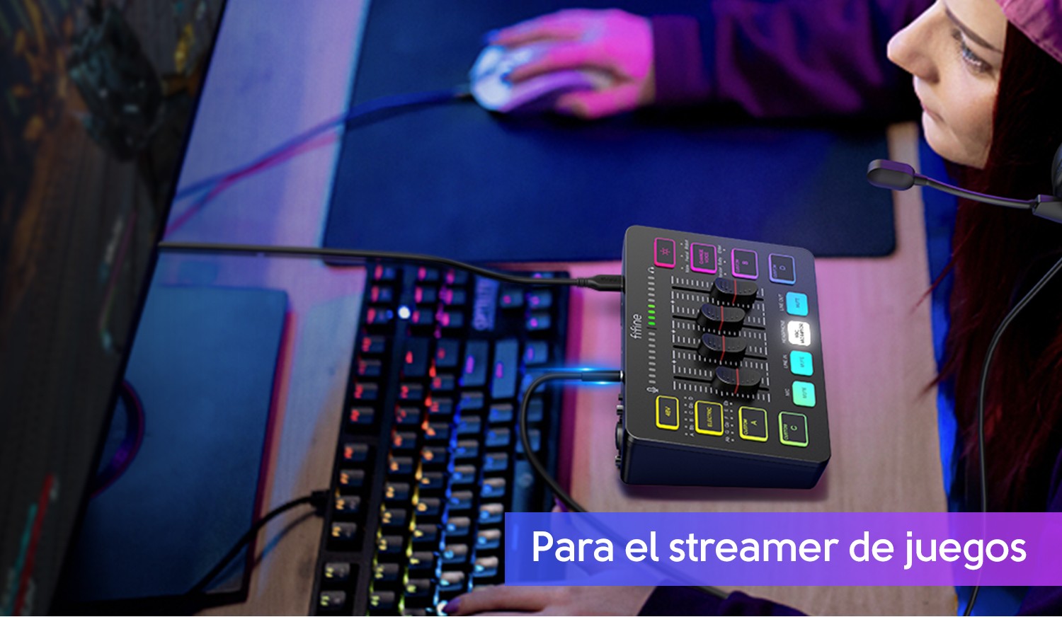 FIFINE mezclador de Audio para juegos, mezclador de transmisión de 4 canales RGB con interfaz de micrófono XLR, para voz de juego, Podcast,AmpliGame SC3