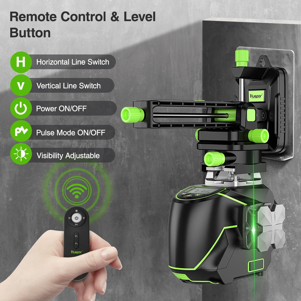 Huepar S03CG Set nivel láser de línea cruzada 3D Bluetooth y control remoto 12 líneas láser de haz verde Osram con receptor trípode telémetro