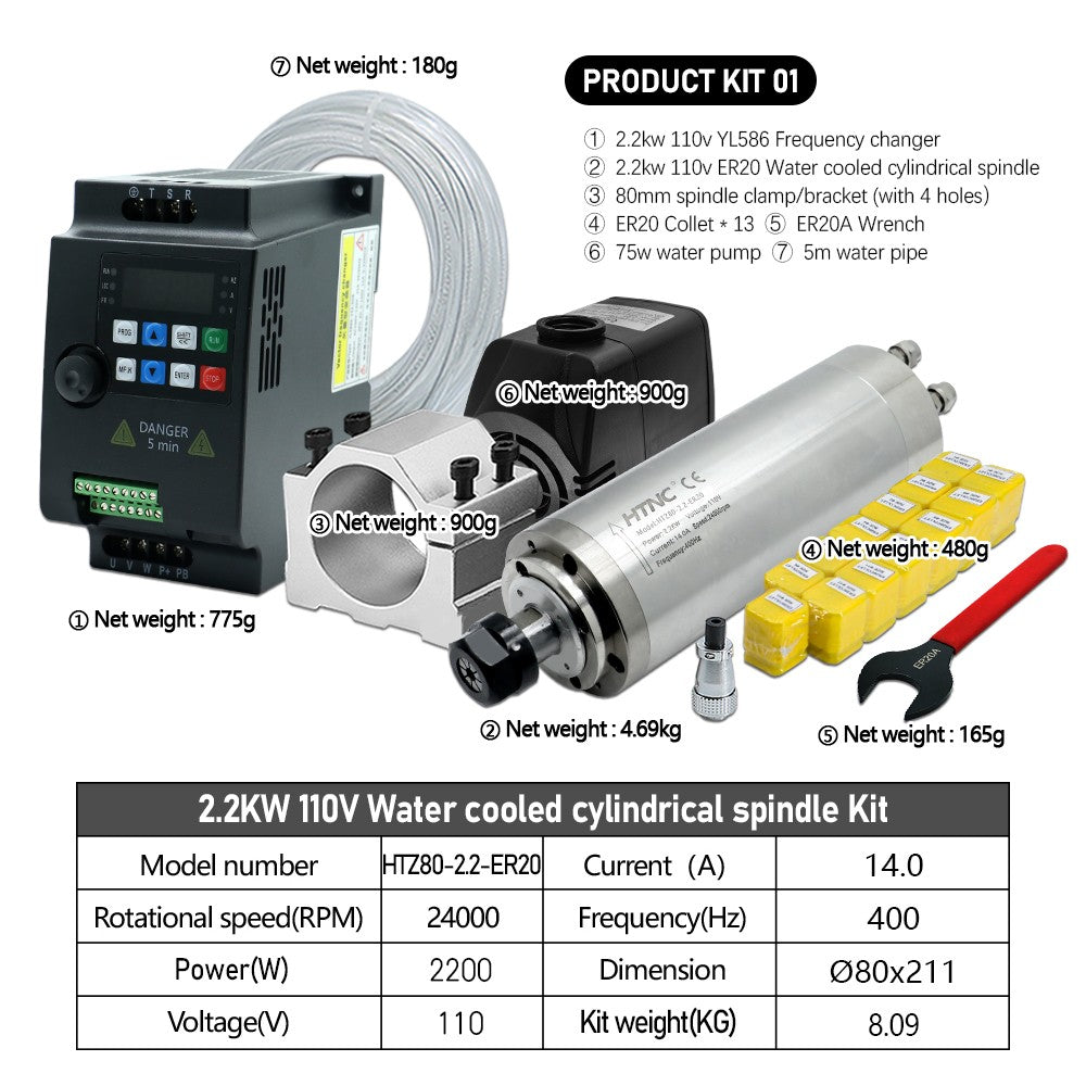 Motor de husillo CNC de 2200W, 220v ER20, 2,2 kW, husillo de refrigeración por agua redondo, 24000RPM + 2,2 kW VFD 50/60hz + bomba de agua + soporte de 80mm