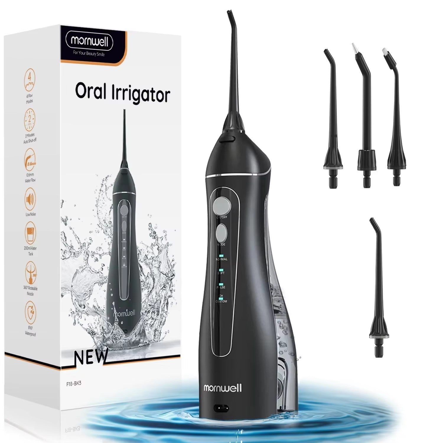 Hilo de agua portátil F18, 4 modos, recargable por USB, 4 boquillas, chorro de agua Oral, tanque de agua de 200ml, resistente al agua