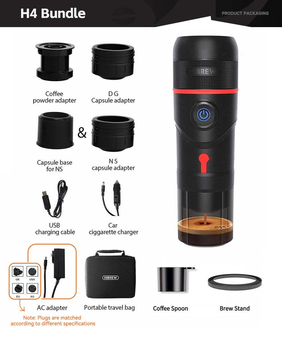 HiBREW Máquina de Café Portátil para Coche y Hogar, Cafetera de Expreso, Compatible con Cápsulas Dolce Nespresso y Café Molido, CC de 12 V, Dispositivo H4
