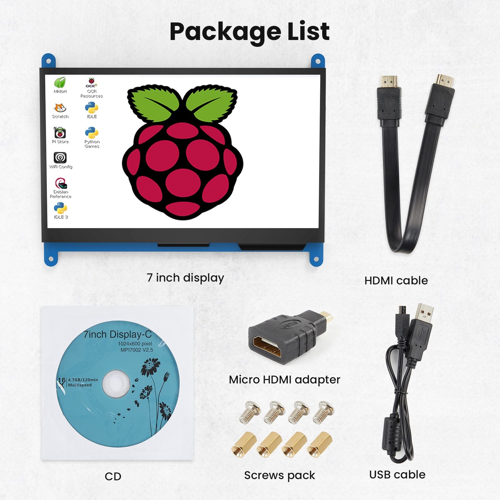 Miktver Monitor de pantalla táctil capacitiva de 7 pulgadas 5 puntos 1024x600 HD IPS pantalla compatible con Raspberry Pi 4/3/2/1/B/B+/A+, Win 10/8/7