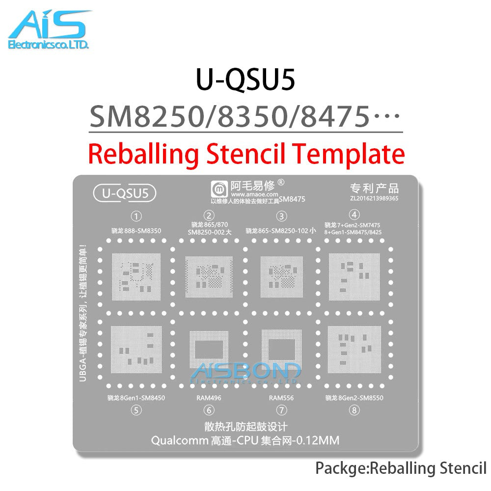 Plantilla de reparación BGA U-QSU1-6 para CPU serie Qualcomm SM8350 SM8250 SM8475 SM7325 SM7125 SM7350 SM8150 SM7250 SM8750 SM8635 Net
