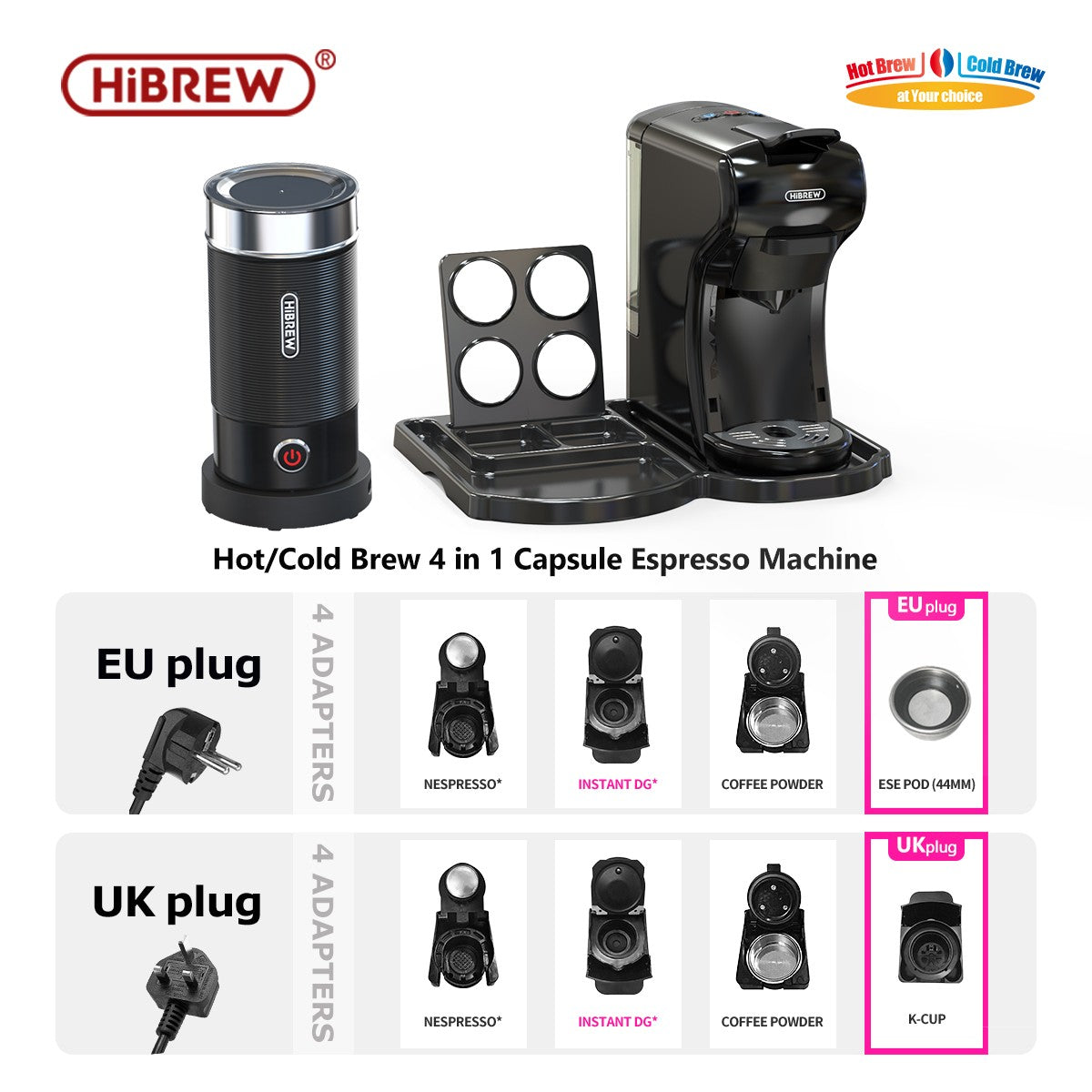Máquina de café HiBREW 19 Bar 4 en 1, Cápsula múltiple caliente y fría, Cafetera Espresso, Cafetera de cápsulas Dolce Milk Nexpresso en polvo H1A