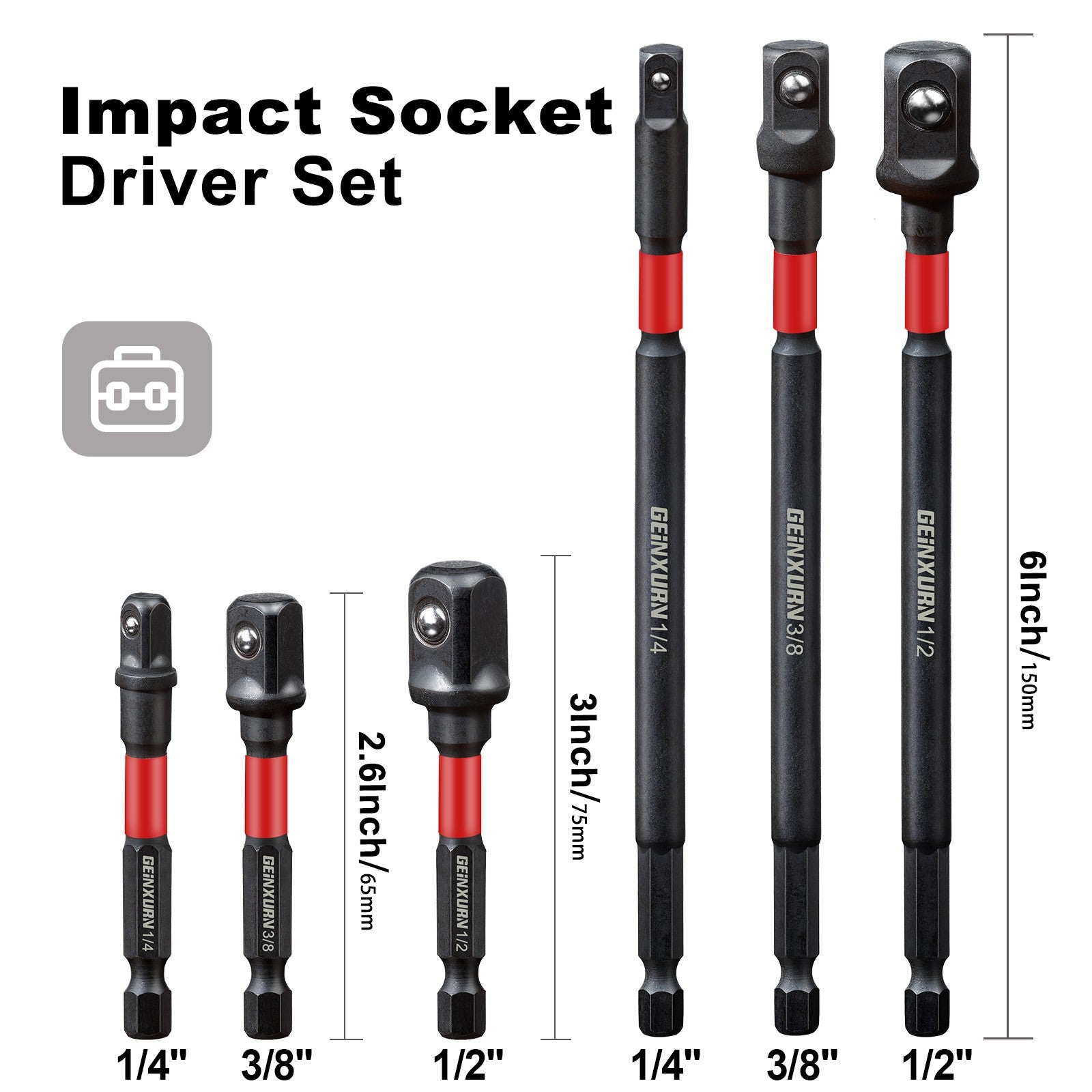 Juego de adaptadores de enchufe de impacto Geinxurn, accionamiento de 1/4 "3/8" y 1/2 ", broca de extensión con soporte, adapta a taladro eléctrico a llave de impacto de alto par